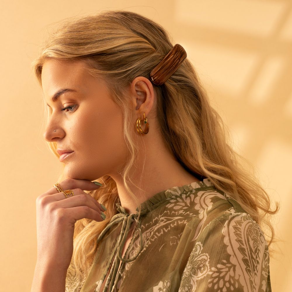 Coastal beachwood brown hand painted barrette clip with rubber grip at Tegen Accessories