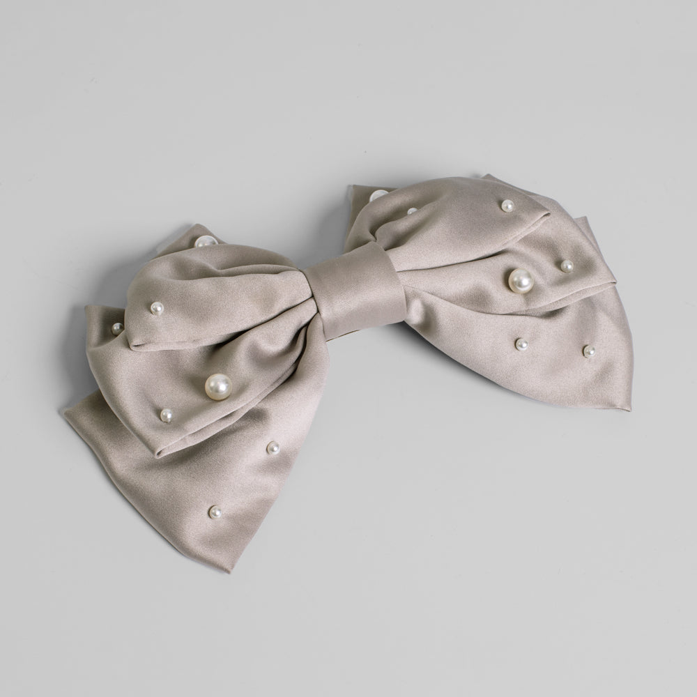 Large Fabric Pearl Bow Barrette Swarovski Crystal 19cm x 12cm Silver at Tegen Accessories