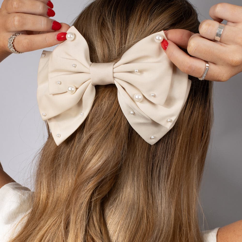 Large Fabric Pearl Bow Barrette Swarovski Crystal at Tegen Accessories |Cream