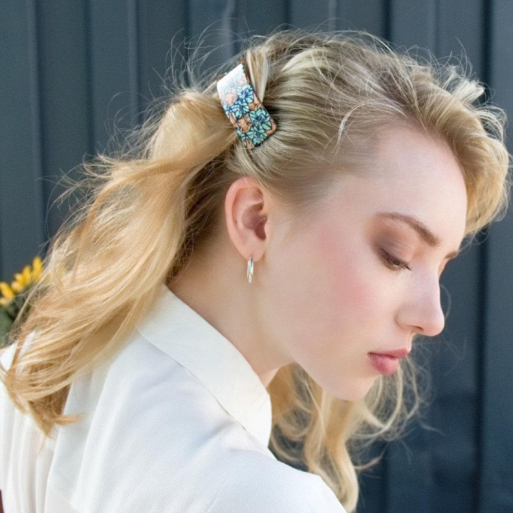 Arched Barrette Hair Clip Handmade French Hair Accessories at Tegen Accessories |Brown/Orange Floral