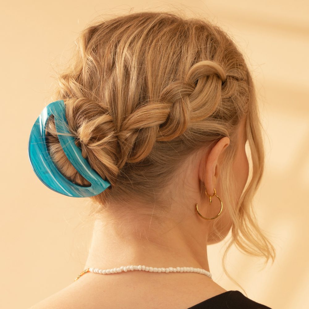 Hand painted ocean blue medium D shape hair claw clip at Tegen Accessories