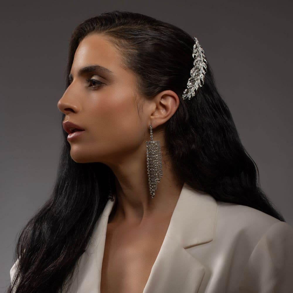 Feather Hair Barrette Clip Crystal in 9cm at Tegen Accessories