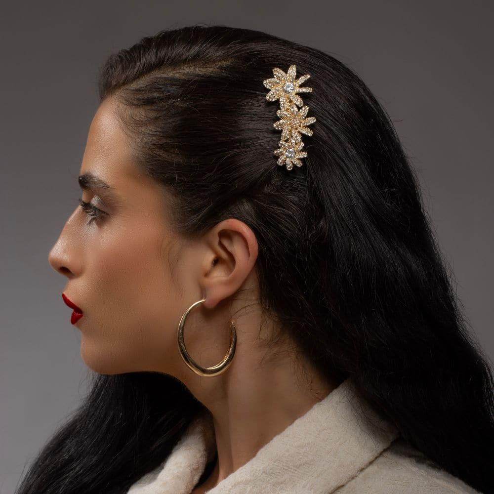 Crystal Three Flower Barrette Crystal in Clear Crystal / Gold at Tegen Accessories