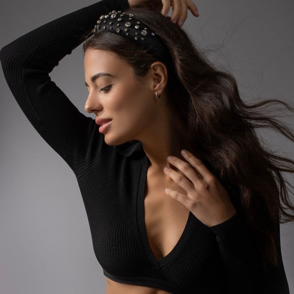 Handmade Swarovski Crystal Padded Headband in Clear Crystal and Black on Tegen Accessories
