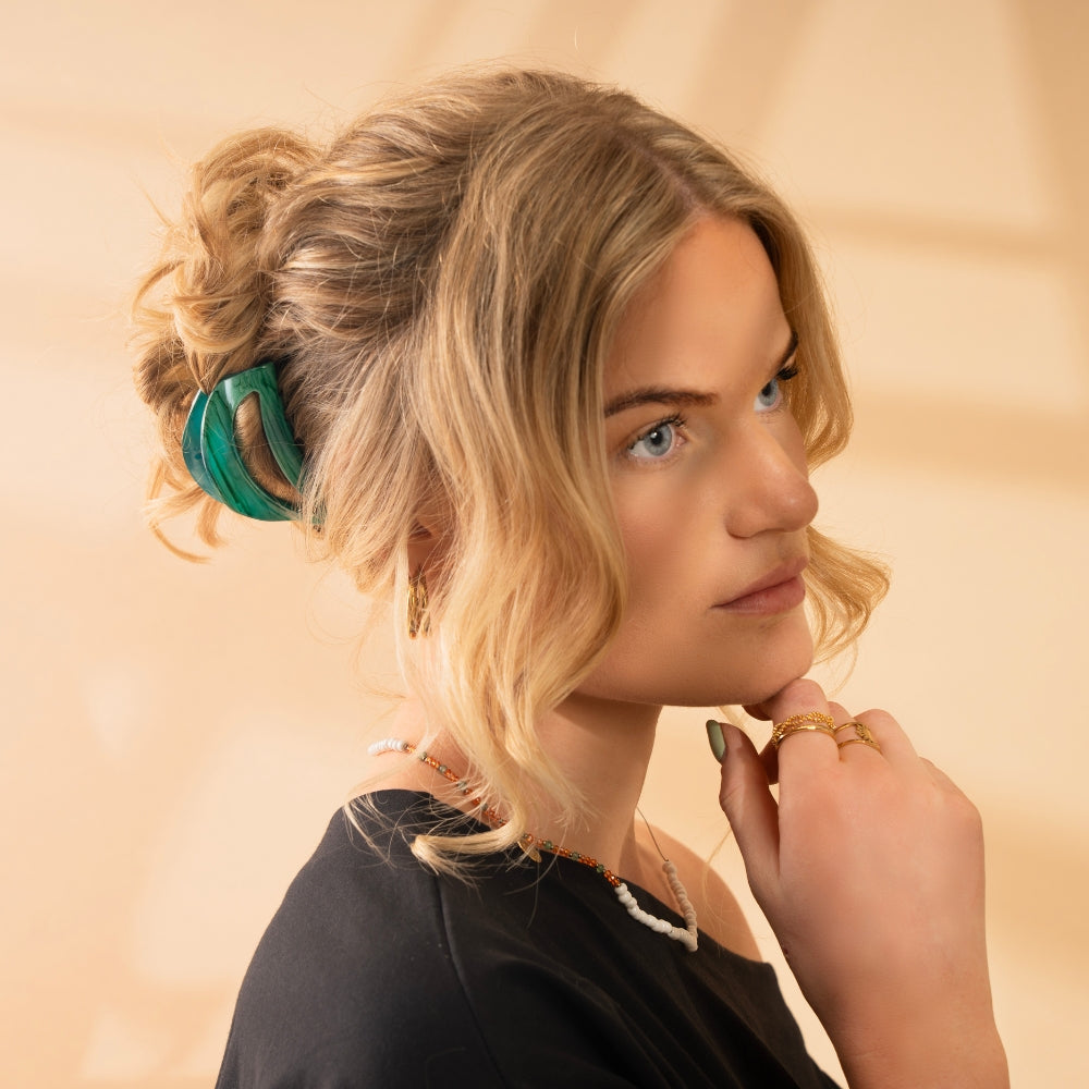 Hand painted Laguna green small D shape hair claw clip at Tegen Accessories