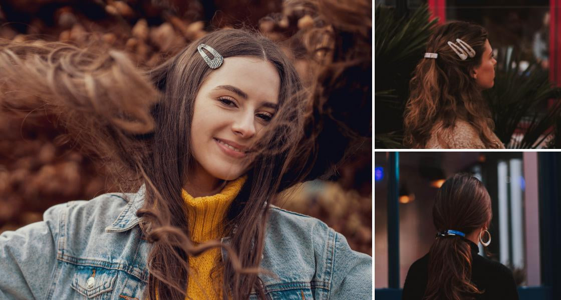 Long Hair Blowing In Wind, Side Profile Double Snap Clips, Back of Headshot with Barrette Ponytail