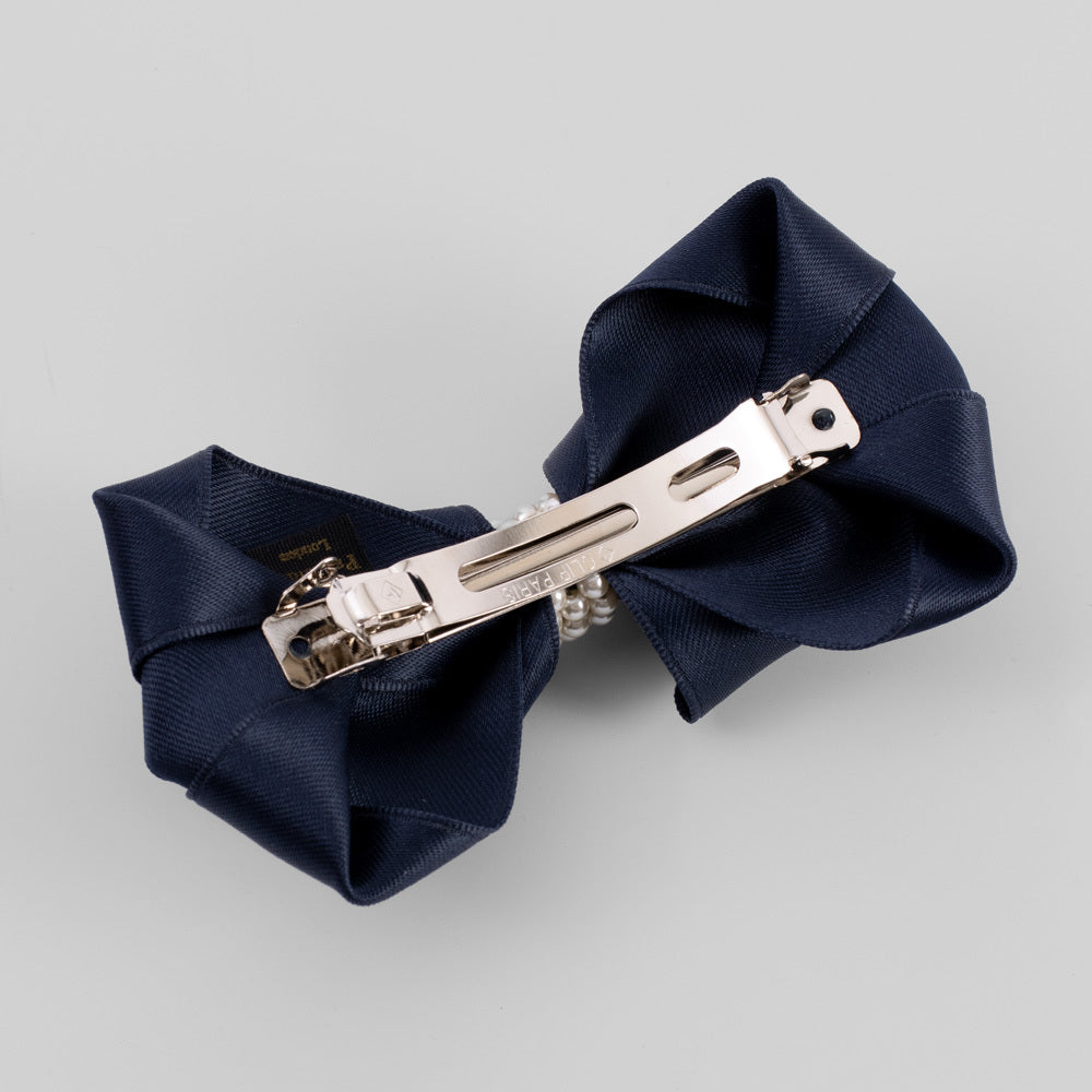 Handmade Satin Pearl Bow Barrette in Navy at Tegen Accessories