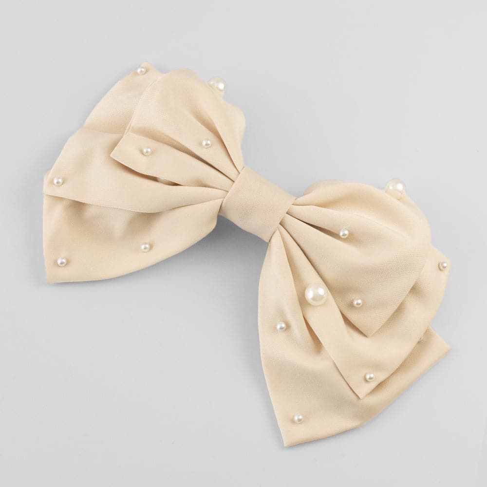Large Fabric Pearl Bow Barrette Swarovski Crystal in Cream at Tegen Accessories