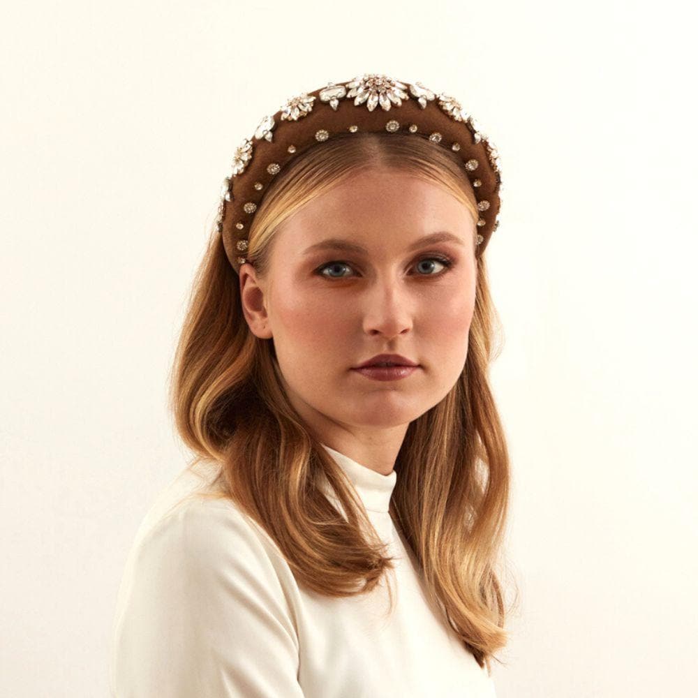 Padded Velvet Crystal Flower Headband by Rosie Fox at Tegen Accessories |Brown
