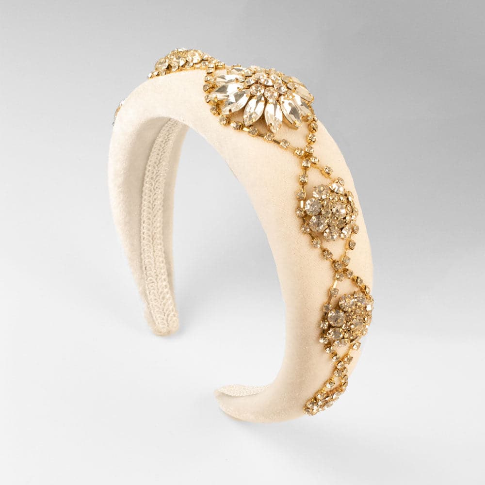 Padded Velvet Crystal Swirl Flower Headband in Ivory by Rosie Fox at Tegen Accessories