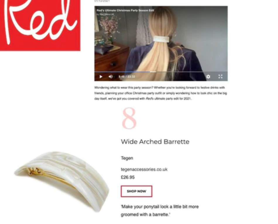 Tegen Accessories Featured in Red Magazine Wide Arched Barrette
