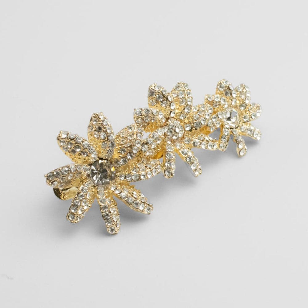 Crystal Three Flower Barrette Crystal in Clear Crystal / Gold at Tegen Accessories