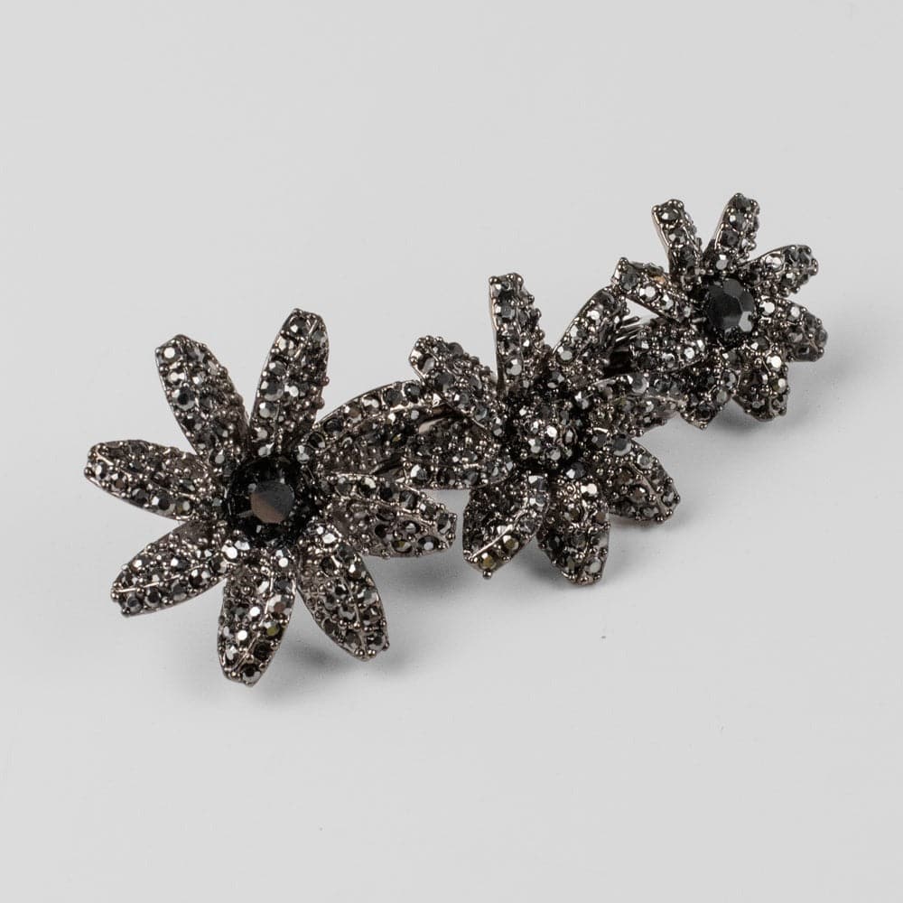 Crystal Three Flower Barrette Crystal in Pewter Crystal at Tegen Accessories
