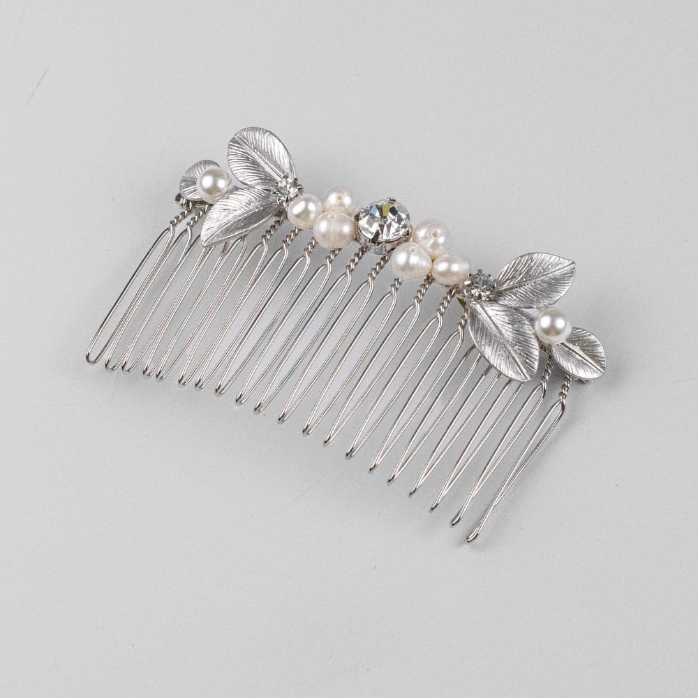 Floral Pearl & Swarovski Crystal Hair Comb Swarovski Crystal in Silver at Tegen Accessories