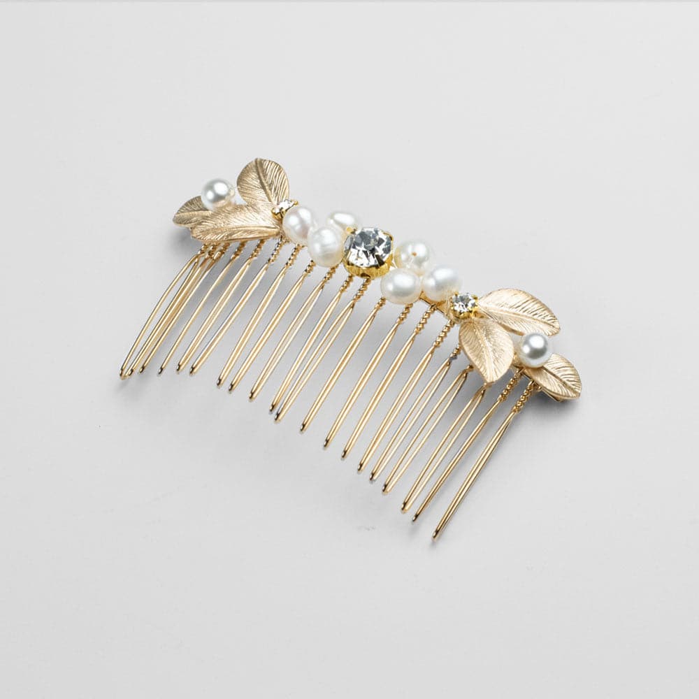 Floral Pearl & Swarovski Crystal Hair Comb Swarovski Crystal in Gold at Tegen Accessories