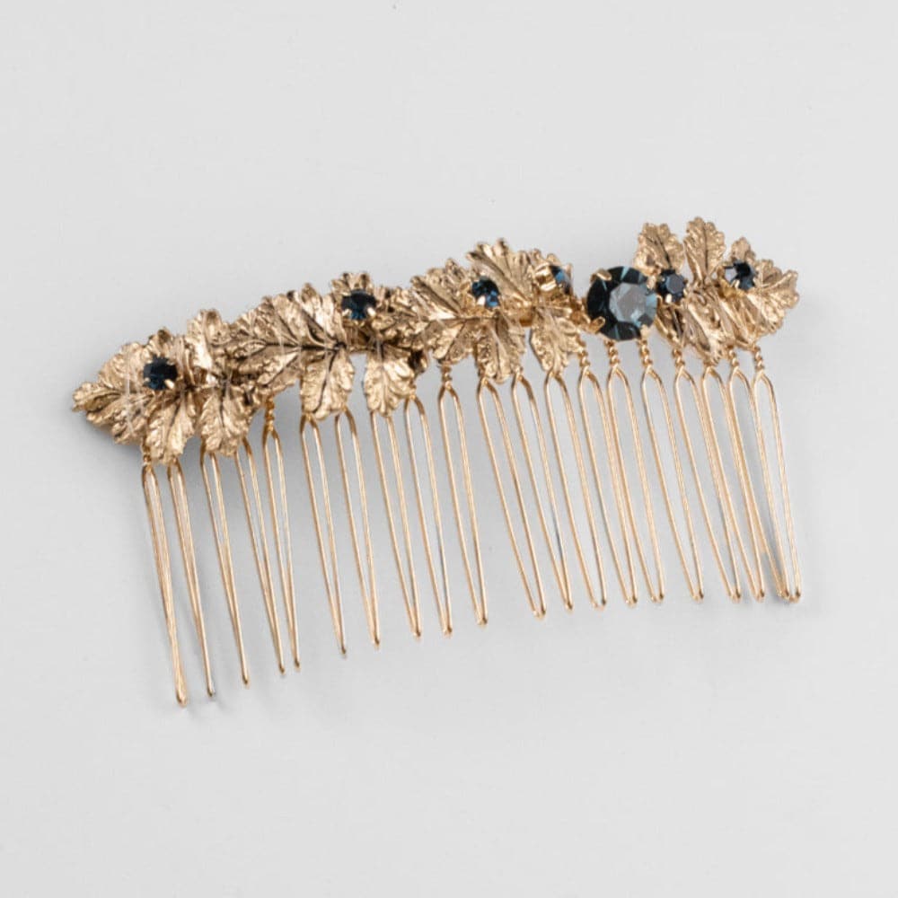 Gold Floral & Crystal Hair Comb Crystal in Blue Crystal at Tegen Accessories