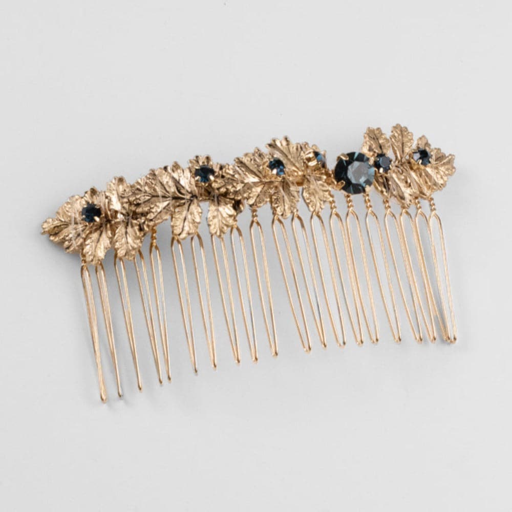 Gold Floral & Swarovski Crystal Hair Comb Swarovski Crystal in Blue Crystal at Tegen Accessories