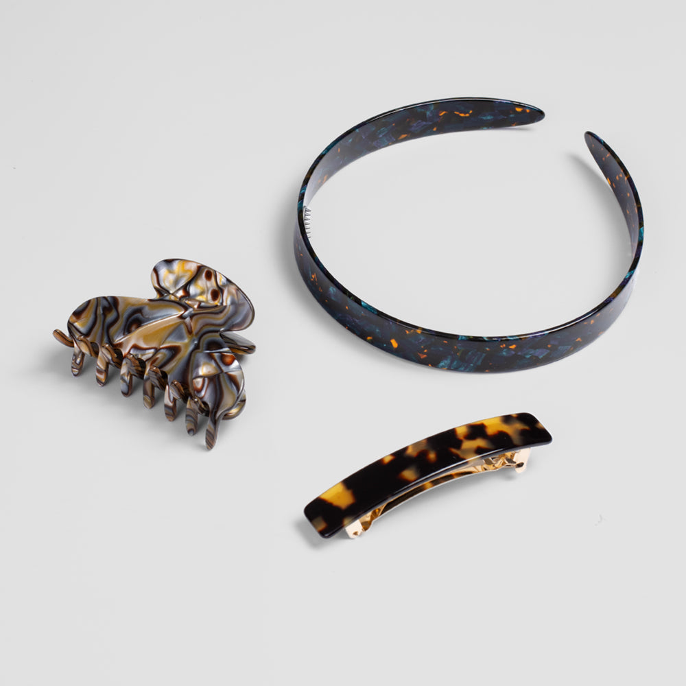 Handmade Fine Hair Gift Set Dark Tokio Marine Fossil Onyx Handmade French Hair Accessories at Tegen Accessories