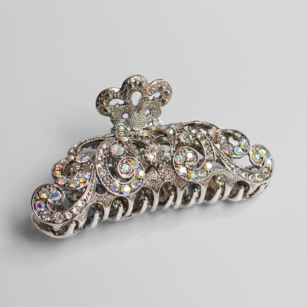 Large Crown Crystal Hair Claw Clip Crystal 10cm x 6cm AB Crystal Silver at Tegen Accessories