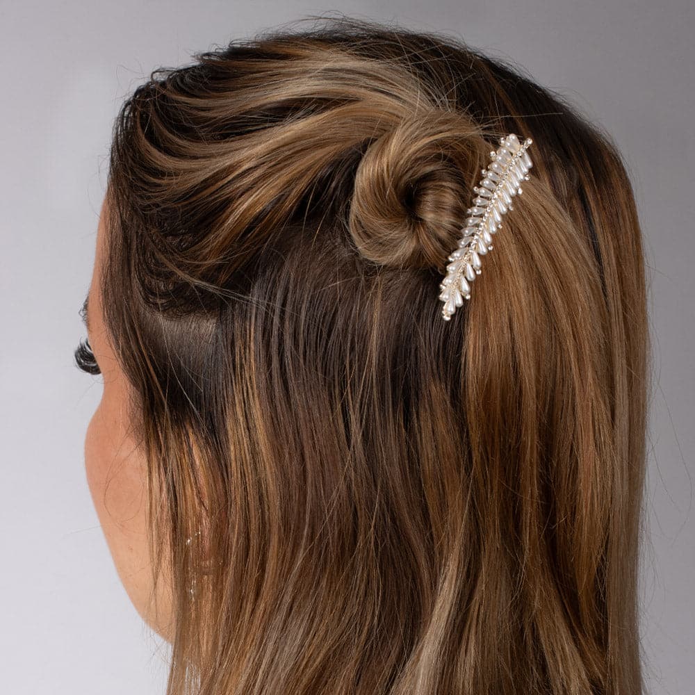 Mini Swarovski Crystal and Pearl Feather Barrette Swarovski Crystal at Tegen Accessories