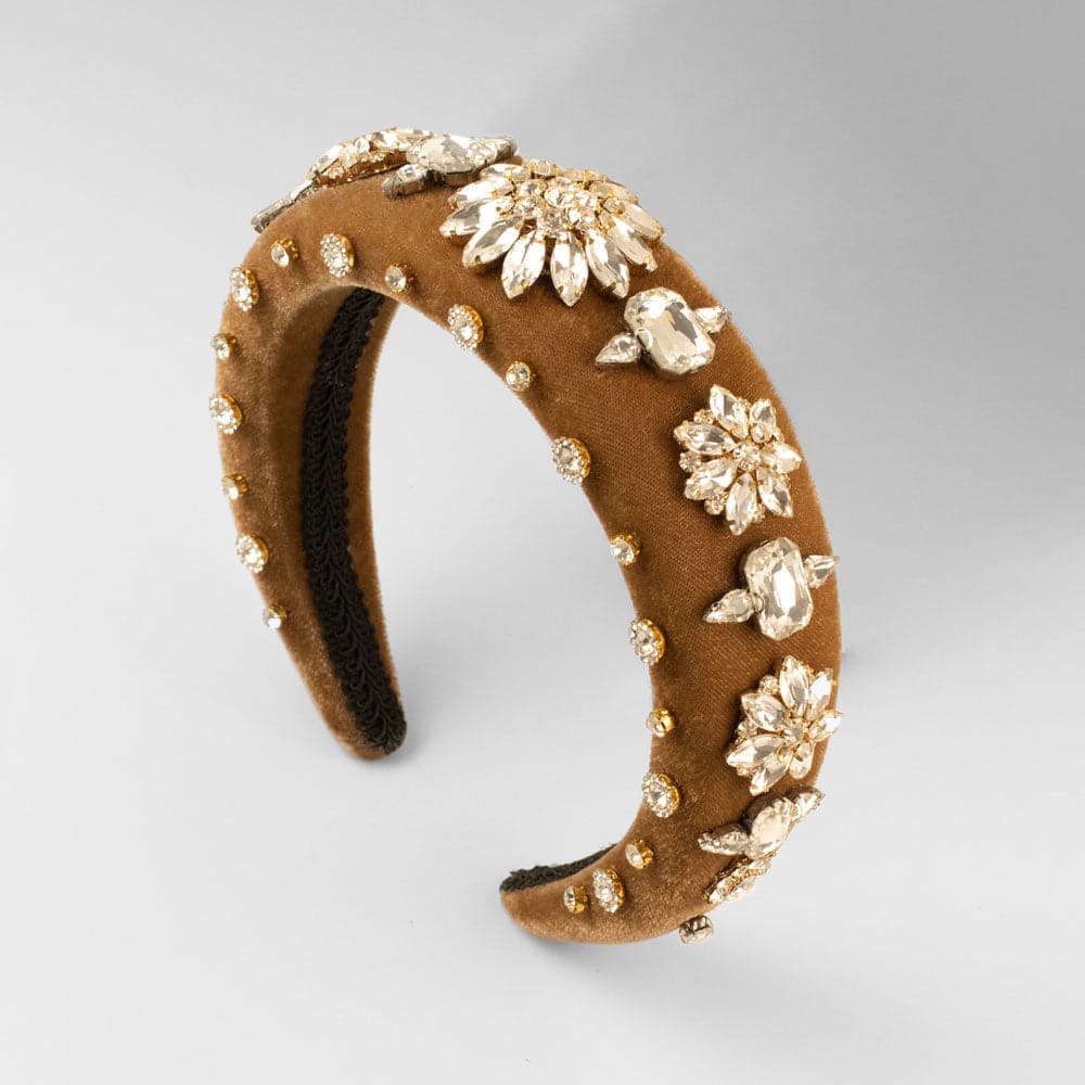 Padded Velvet Crystal Flower Headband in Brown by Rosie Fox at Tegen Accessories