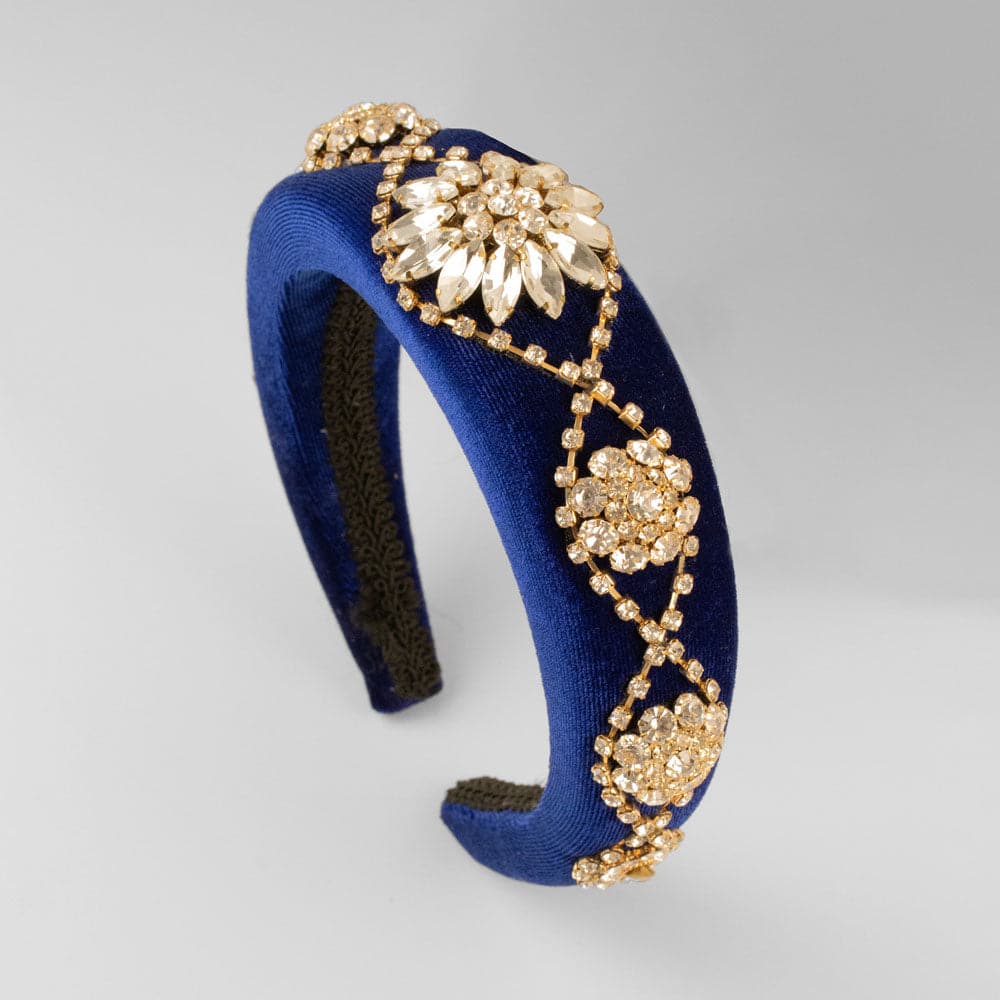 Padded Velvet Crystal Swirl Flower Headband in Royal Blue by Rosie Fox at Tegen Accessories