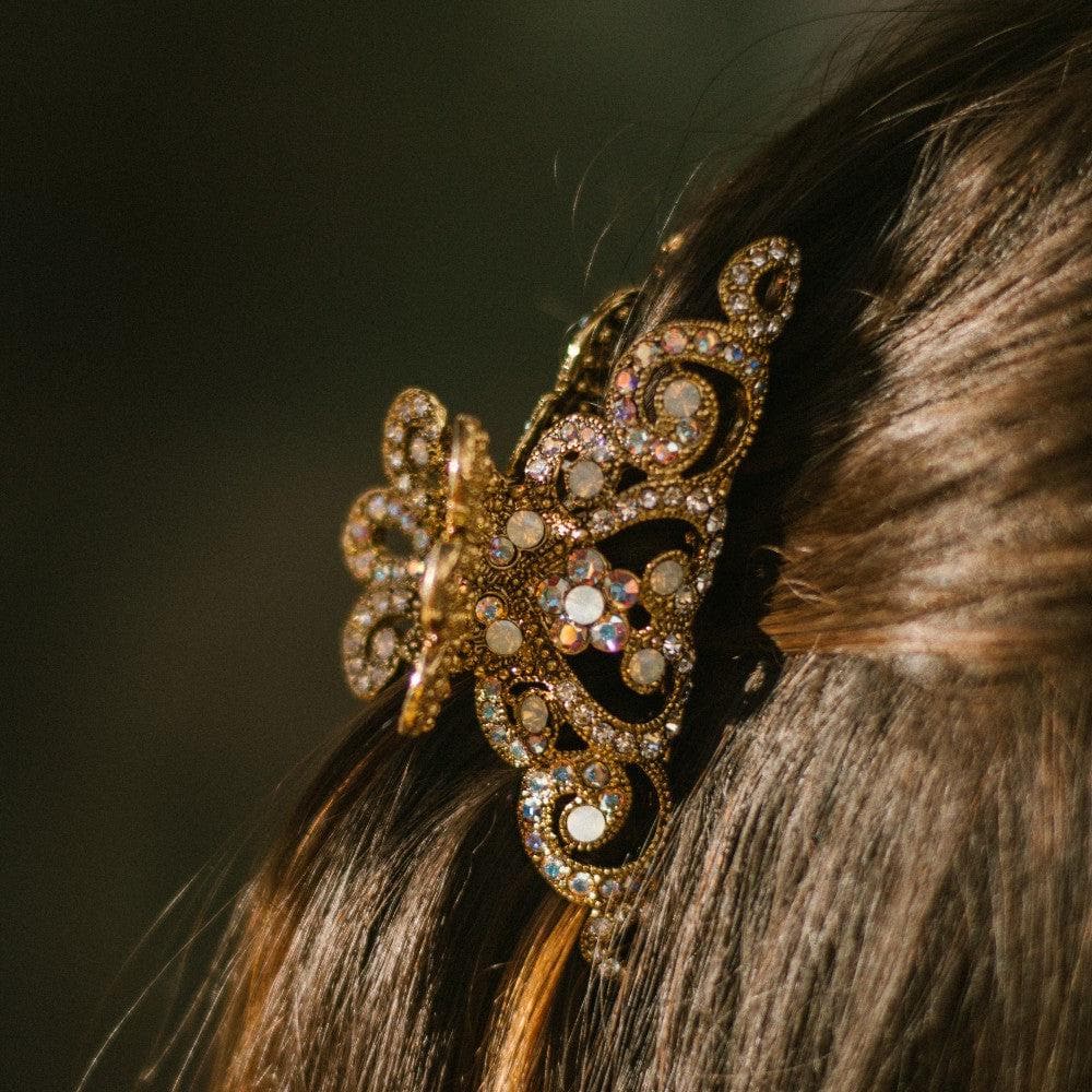 Small Swarovski Crown Hair Claw Clip Swarovski Crystal at Tegen Accessories |AB Crystal / Antique Gold