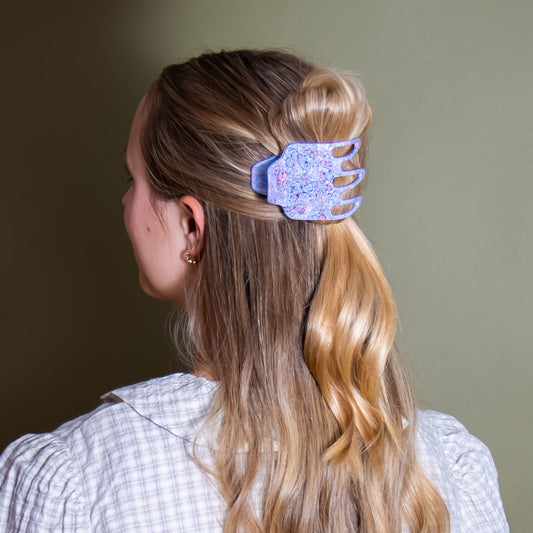Side hair claw clip floral design with extra teeth for grip in blue and pink 
