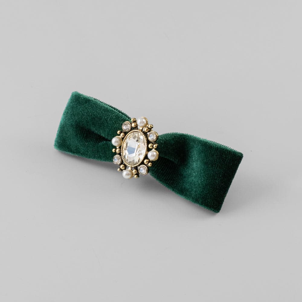 Swarovski Crystal and Pearl Velvet Bow Beak Clip Swarovski Crystal in Green at Tegen Accessories