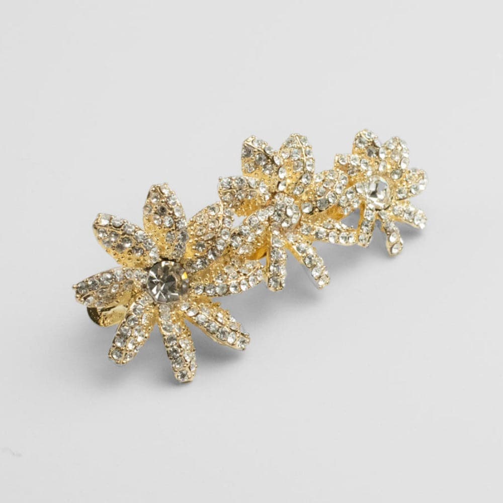 Swarovski Crystal Three Flower Barrette Swarovski Crystal in Clear Crystal / Gold at Tegen Accessories